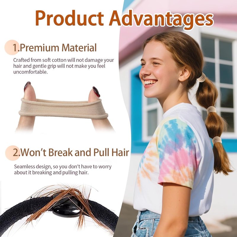 Bessrung Seamless Nylon Hair Ties - 100 PCS No Damage Elastic Ponytail Holders for All Hair Types | Beige