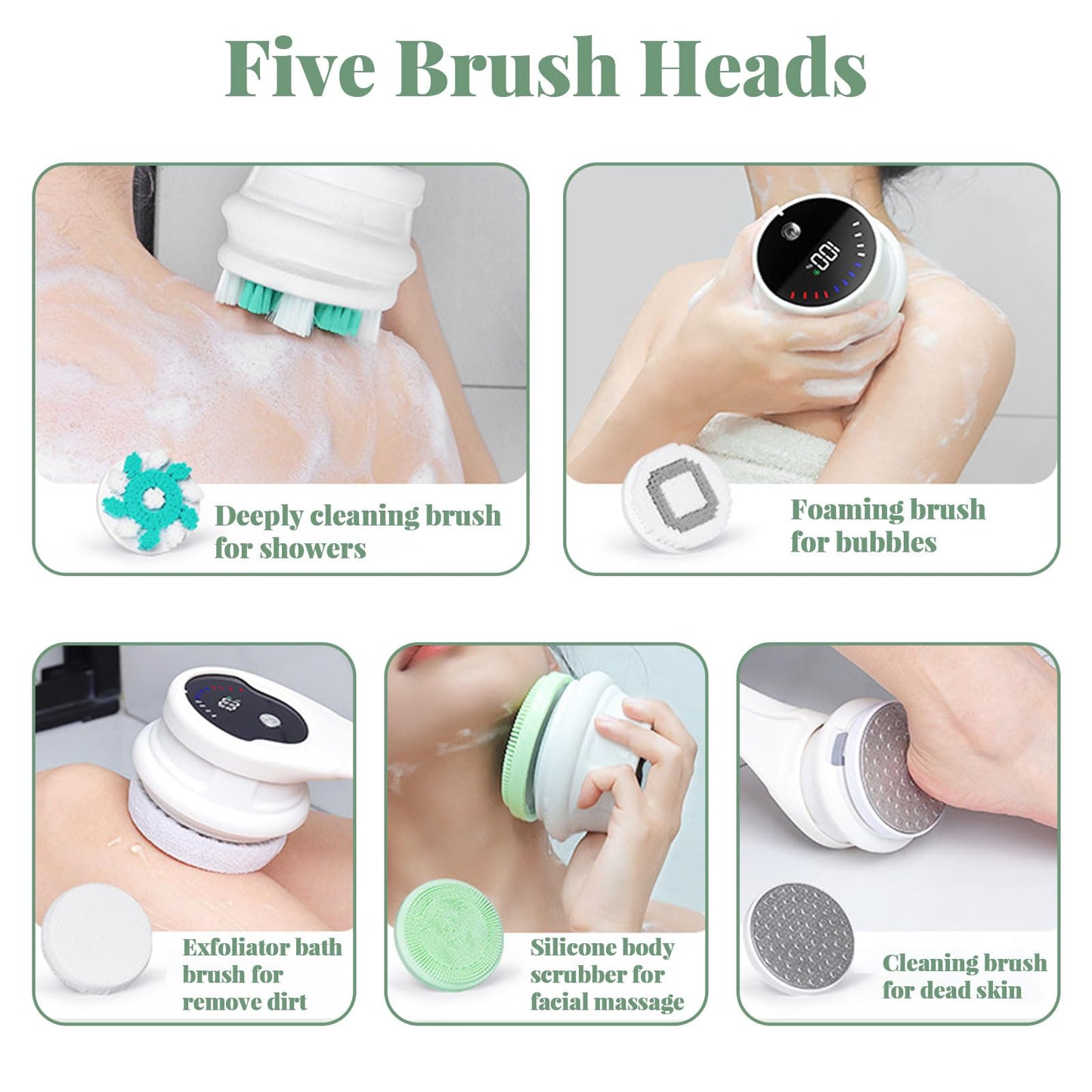 Electric Body Brush, 5 in 1 Cordless Rechargeable Bath Brush, 3 Speed Silicone Body Scrubber, LCD Display Detachable Rotating Body Brushes, Waterproof Back Brushes for Clean Exfoliate Massage (Green)