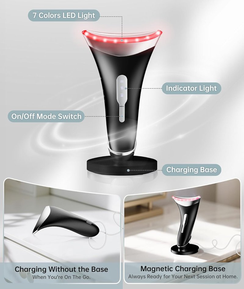 7 Color Light Therapy Facial Massager - Adjustable Vibration & Thermals for Wrinkles | Red Light Skin Care Tool, Black