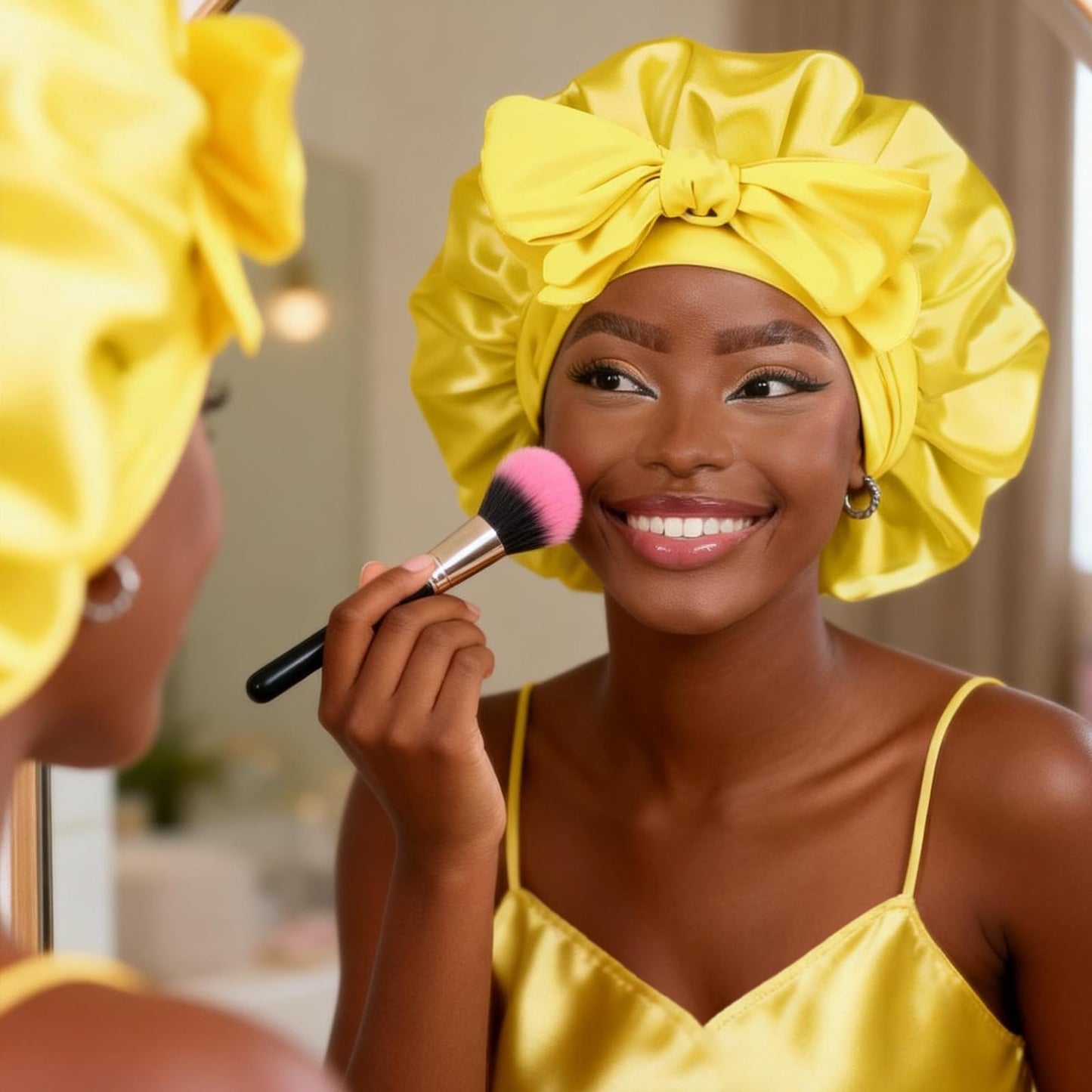 YANIBEST Adjustable Satin Bonnet for Sleeping Women Double Layer Hair Wrap Reduce Friction Prevent Frizz Natural Curly Hair, Yellow