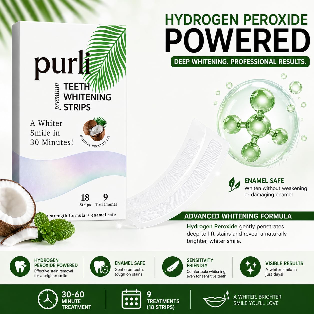 Purli Professional Teeth Whitening Strips 9-Day Treatment – Purli Whitening Strips for Sensitive People, Natural Coconut Oil, Professional Effects, Gum & Enamel Safe, Dry Strip