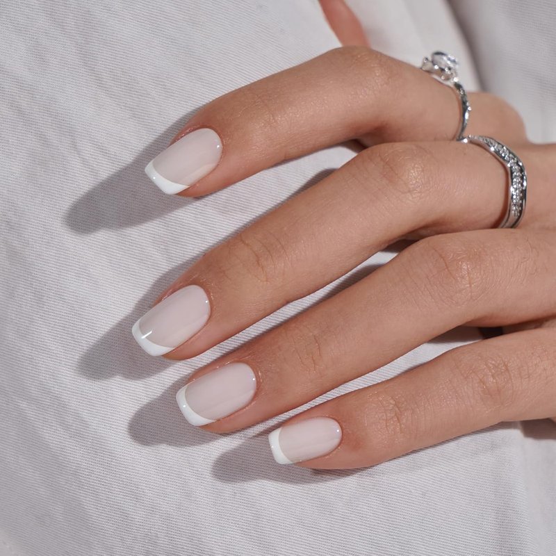 BTArtbox Press On Nails - Classic White French Tip Square Nails | 30-Piece Glue-On Kit in 15 Sizes for Weddings