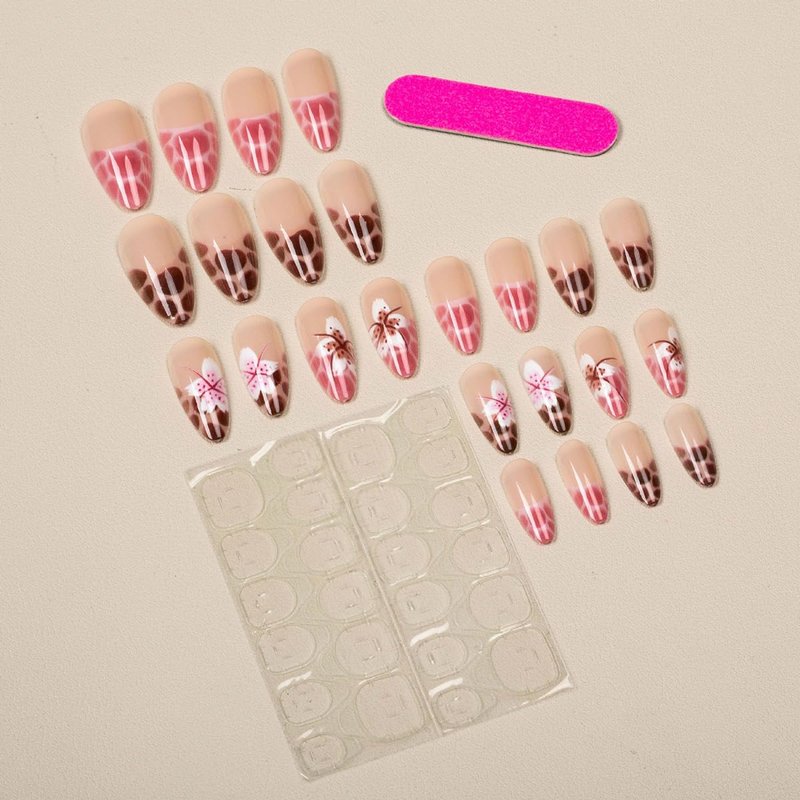 24Pcs Leopard Print French Tip Press on Nails Short Almond Fake Nails Pink Brown Full Cover Tips Glue on Nails Flower False Nails Cute Spring Stick on Nails for Women Acrylic Manicure Decorations DIY