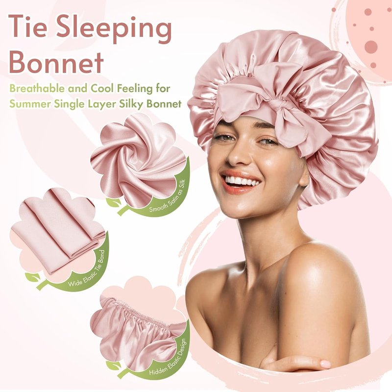 Silk Bonnet for Sleeping | Adjustable Satin Night Cap for Curly Hair - Cream Pink