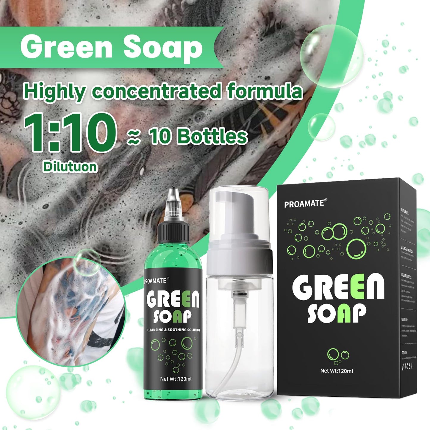 proamate Green Tattoo Soap 4OZ with Foaming Bottle 120ml, Tattoo Soap Tattoo Supplies for Tattoos Piercings, Clean Skin Equipment