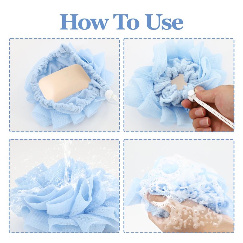 2 Pcs Bath Sponge with Drawstring,that Holds Bar Soap,for Cleansing and Smooth Skin,2 in 1 Loofah Washcloth Combo Soap Bar Loofah(White, Blue)