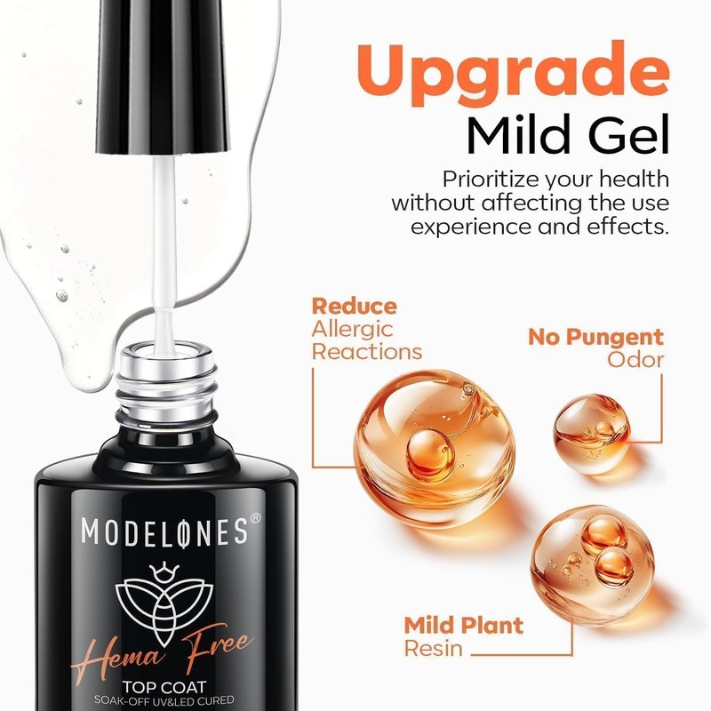 modelones Hema Free Gel Base Top Coat Set, 2 Pcs Clear Glossy Gel Nail Polish Long Lasting for Acrylic Nails Soak Off Nail Lamp Nail Art Home Salon Manicure Gift for Women