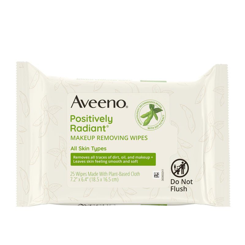 Aveeno Positively Radiant Alcohol-Free Makeup Removing Face Wipes, Ultra Soft, Gentle, Non-Comedogenic Facial Cleansing Wipes Leave Skin Feeling Clean & Soft, Sulfate Free, 25 ct