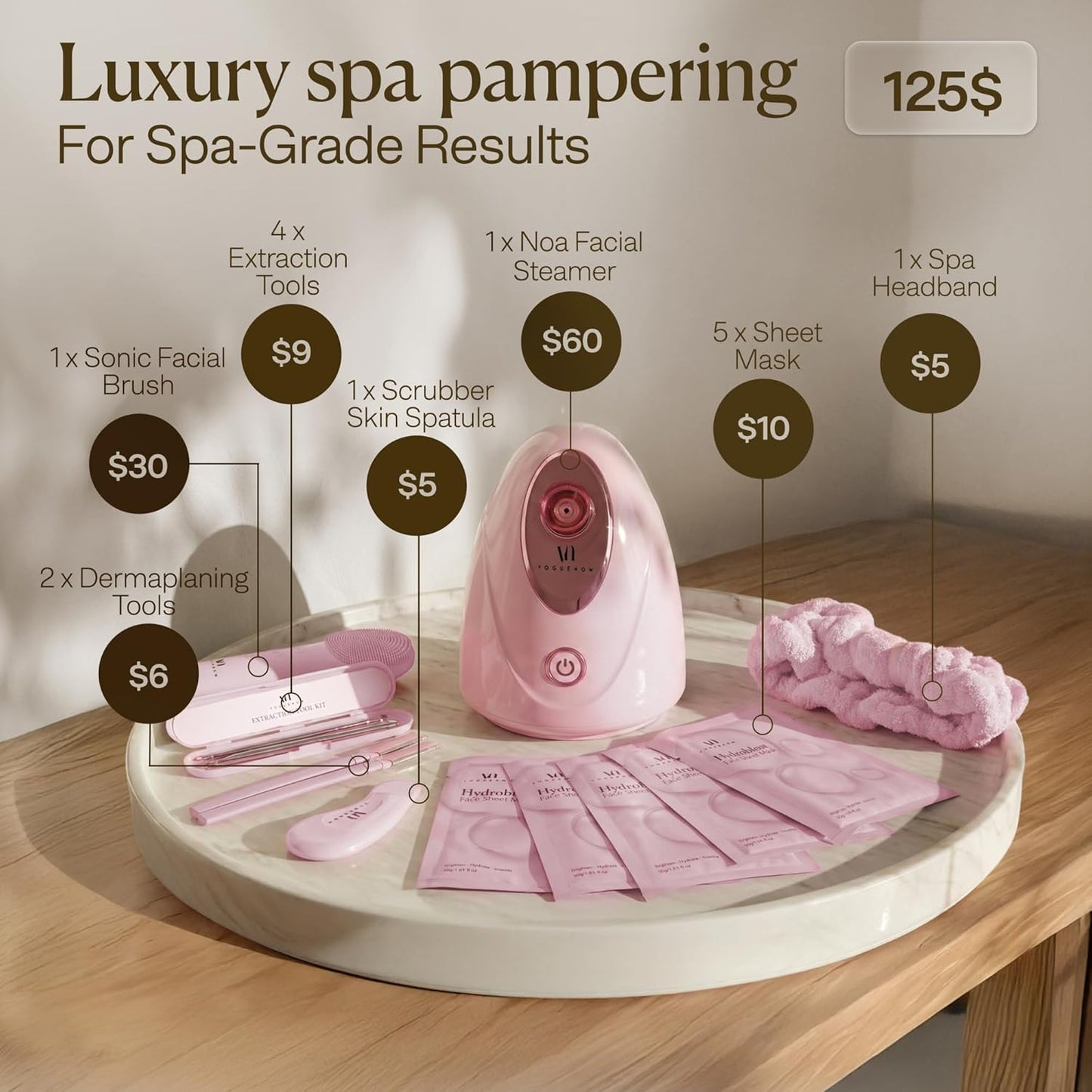 VogueNow Facial Steamer Spa Kit - Deep Cleansing Face Steamer with 15 Skin Care Tools | Perfect Self-Care Gift for Women