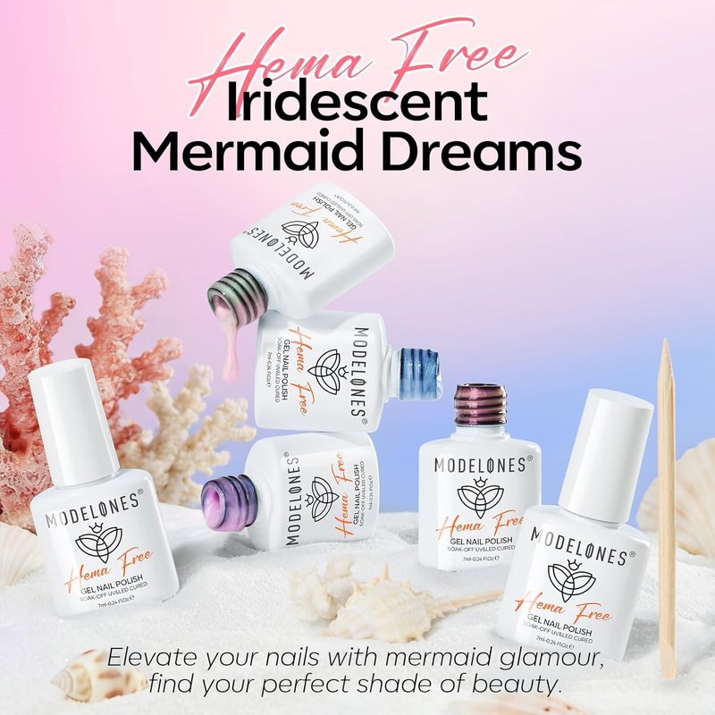 Modelones Pearl Gel Nail Polish Set - Hema-Free 6 Colors with Iridescent Shimmer & Mermaid Glitter | DIY Gift Set