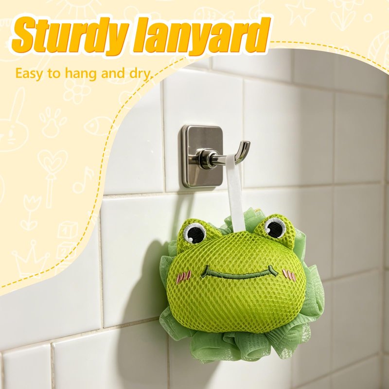 Kids Loofah, Cute Cartoon Animal Kids Bath Sponge with Hanging Rope, Soft Double Mesh for Rich Lather (Green Frog)