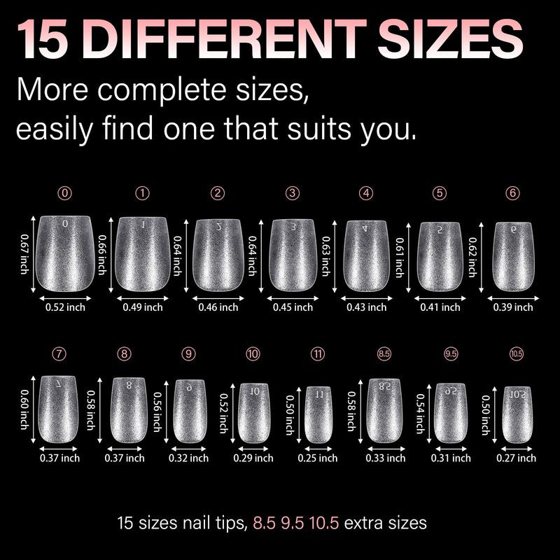 AILLSA Extra Short Coffin Nail Tips 15 Sizes Options Gel Nails Tips Full Cover Matte Prefiled Coffin Nails Tip Clear Soft Fake Nail Tip 240PCS with Storage Box