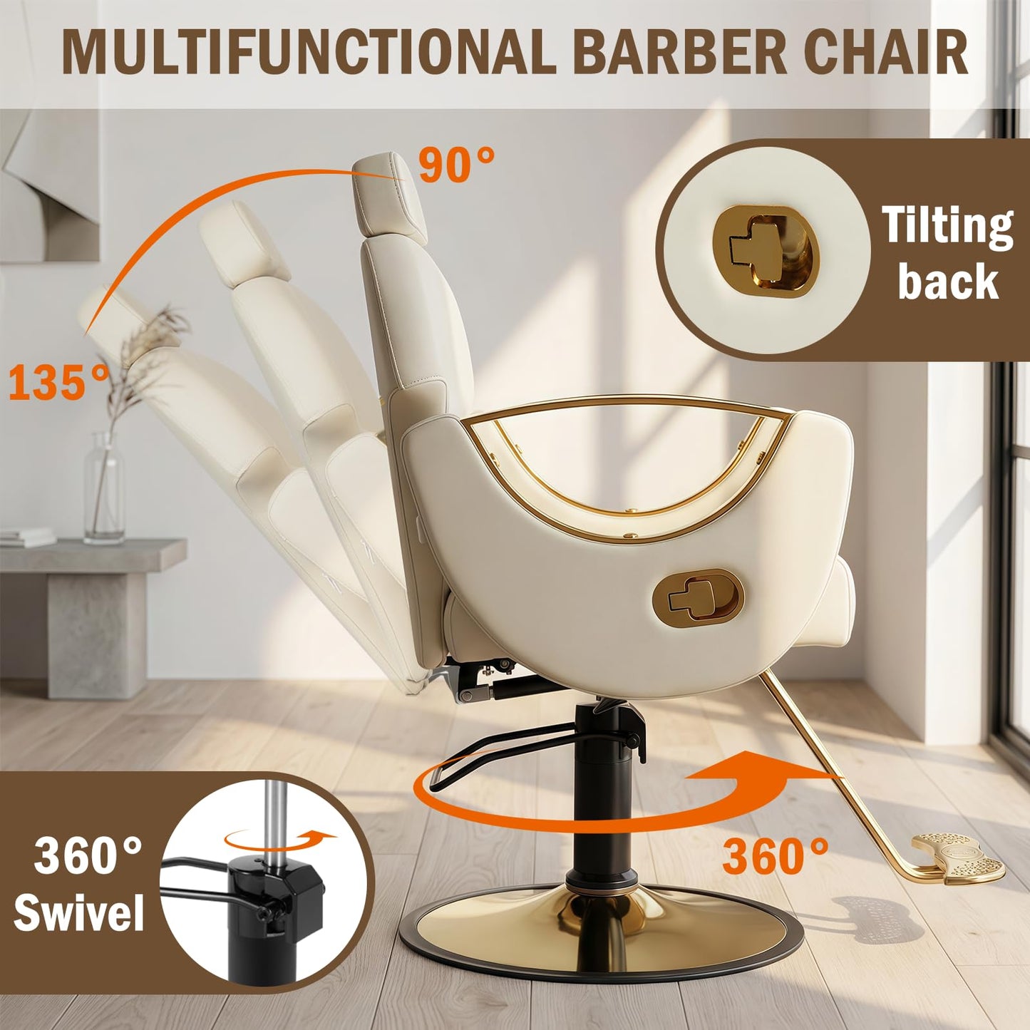 Tythical Salon Barber Chair for Hair Stylist, Reclining Salon Chairs with Heavy Duty Hydraulic Pump Multi-Function Shampoo Tattoo Beauty Salon Hairdresser Armchair for Home Beauty Barbershop, Beige