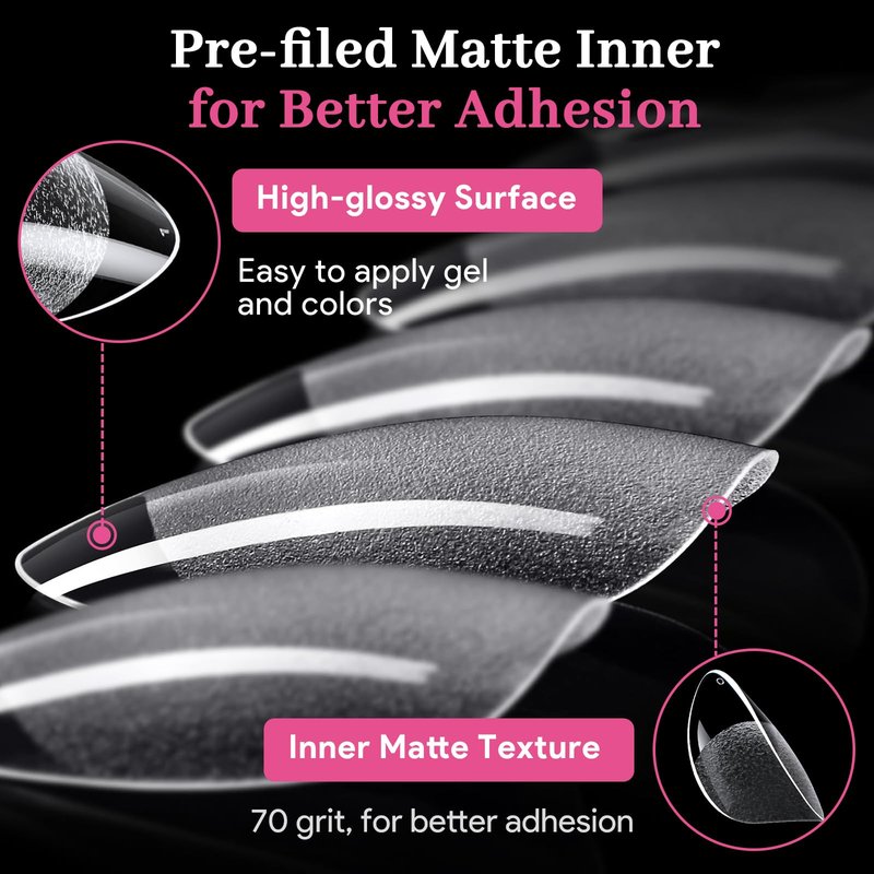 Qiek Short Almond Nail Tips - 15 Sizes 240 PCS Half Matte Full Cover Clear Fake Nails Pre-shaped Press On False Nail Tips Acrylic Soft Nail Gel Tips No C Curve Extension Manicure Home DIY Gelly Tips
