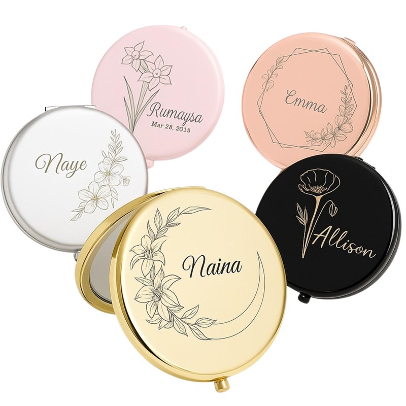 Personalized Compact Mirror for Women, Custom Laser Engraved Pocket Mirror, 1X/2X Magnifying Travel Makeup Mirror for Purse–Gift for Bridesmaid, Wedding, Birthday, Mom, Friend, Sister, Wife, Valentine