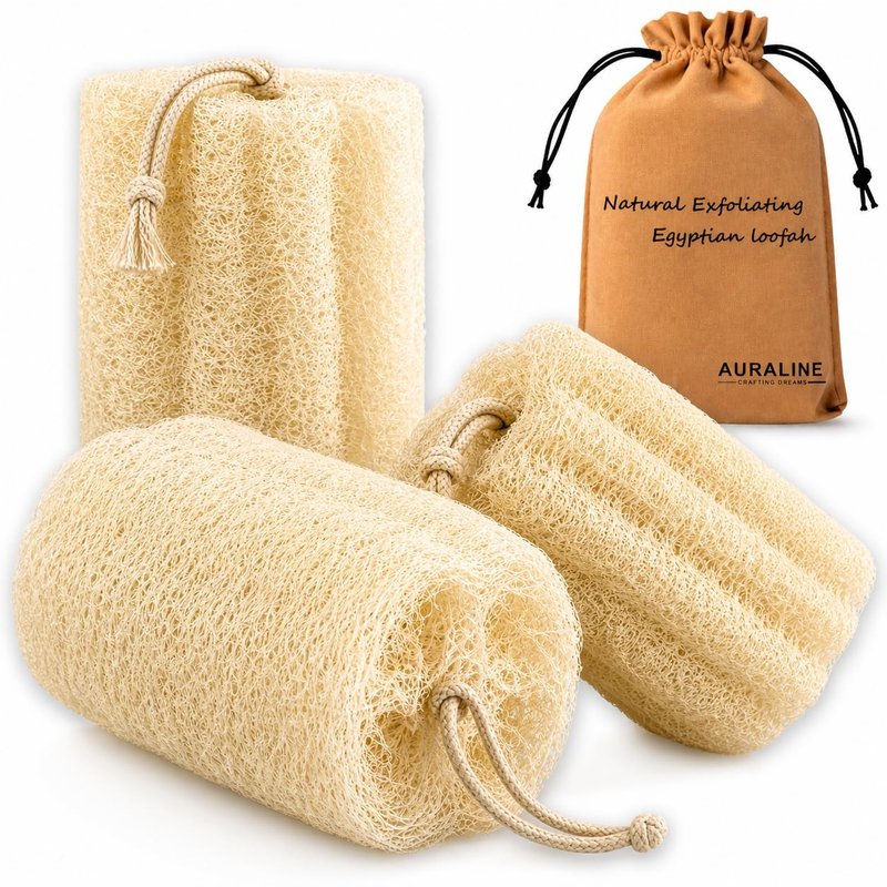 AuraLine Large Natural Egyptian Loofah Sponge, Exfoliating Bath and Shower Scrubber with Hanging Rope. Plant Based (3 Count in 1 Eco-Friendly Bag)
