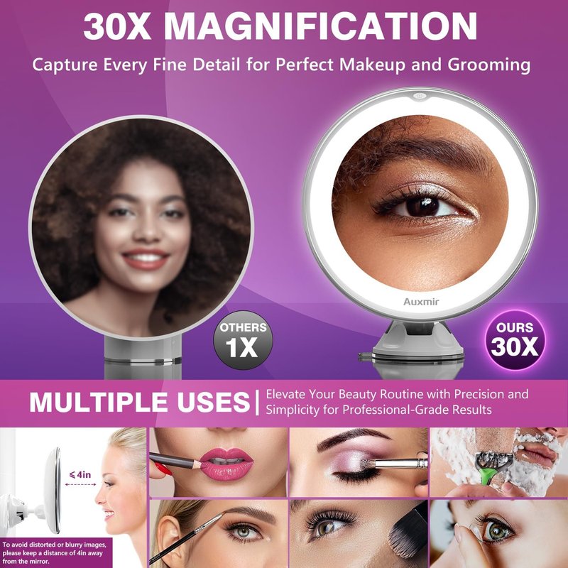 Auxmir 30X Magnifying Makeup Mirror with Light - Portable Suction Cup & 360° Swivel Design for Home & Travel