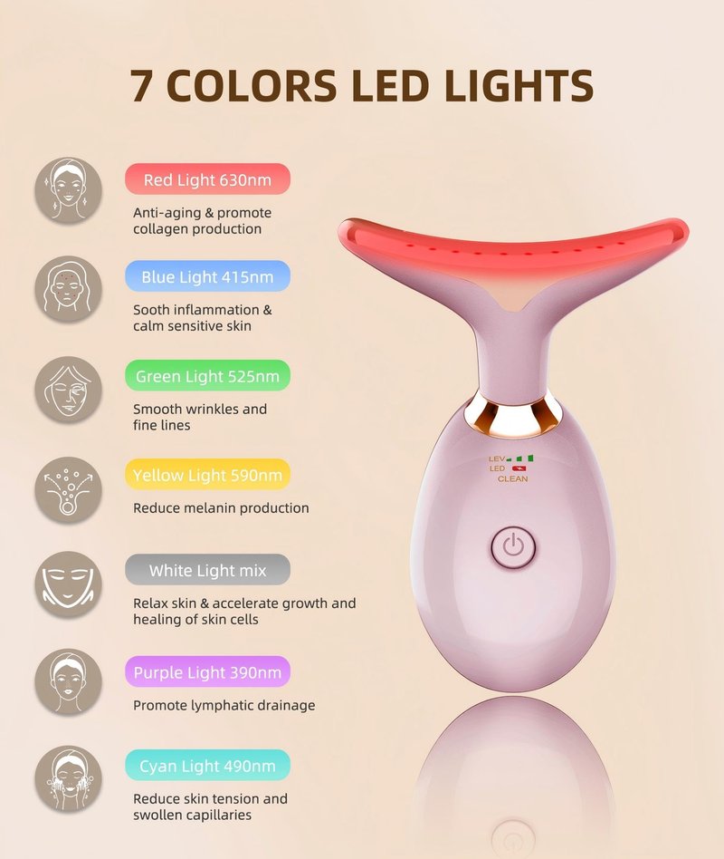 ELISHINE Red Light Therapy for Face and Neck, 7 Color Light Based Face Massager Tool, Portable Skin Care Tool for Firming, Tightening and Lifting (Glossy Pink)