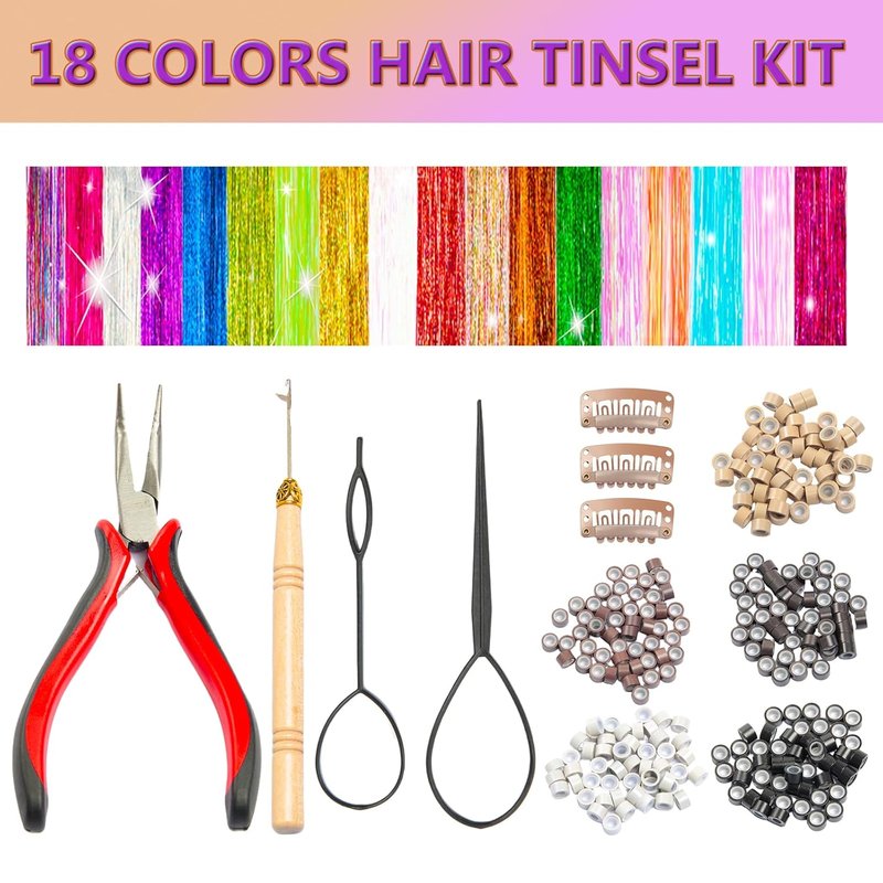 Skiennix Hair Tinsel Kit - 18 Color Sparkly Extensions with 7800 Strands | Heat Resistant Glitter for Festivals