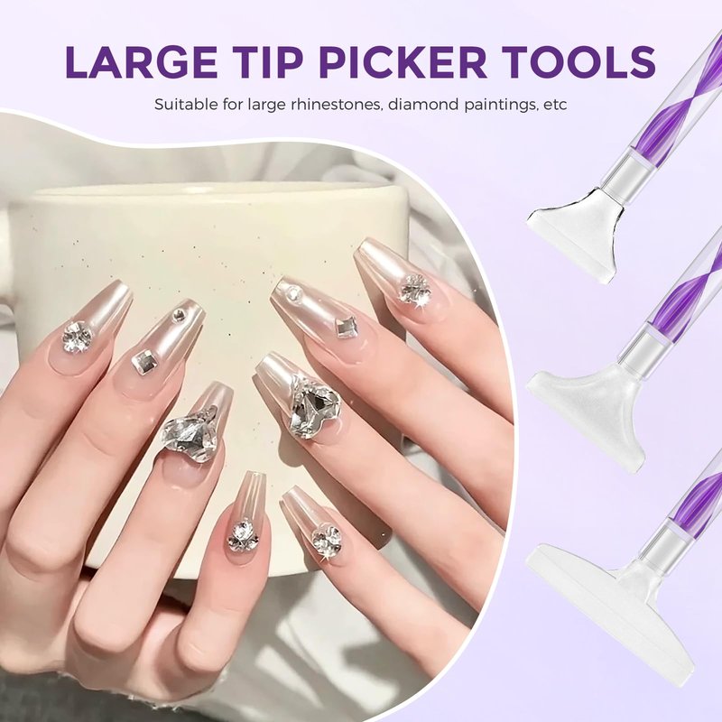 Eudaicful Rhinestone Picker Tool Kit: 2Pcs Rhinestone Applicator Handle, Dual-Ended Bedazzling Tools Pen with 12 Upgraded Plastic Replacement Tips, Clay for DIY Nail Art Craft (Purple)