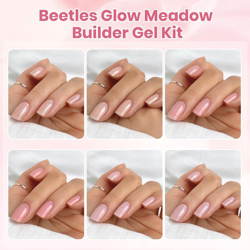 Beetles Builder Gel Nail Kit HEMA-FREE&TPO FREE-Muted Bloom 6 Colors Jelly Pink Glitter Building Gel,8 in 1 Strengthening Building Instant Apex & Extension for Beginner DIY Salon,UV LED Lamp Need