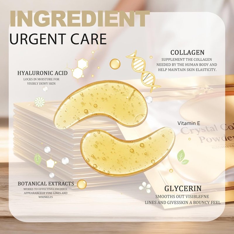 24K Gold Under Eye Patches - Rejuvenate Dark Circles & Puffiness with Collagen & Hyaluronic Acid - 20 Pairs