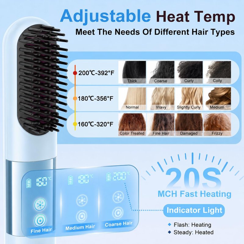 Cordless Hair Straightener Brush with Cool Air, 5-in-1 Portable Ionic Frizz-Free Straightening Brush, Rechargeable Touch Up On-the-Go Brush, MCH Fast Heating, LED Display, Anti-Scald for Women Travel