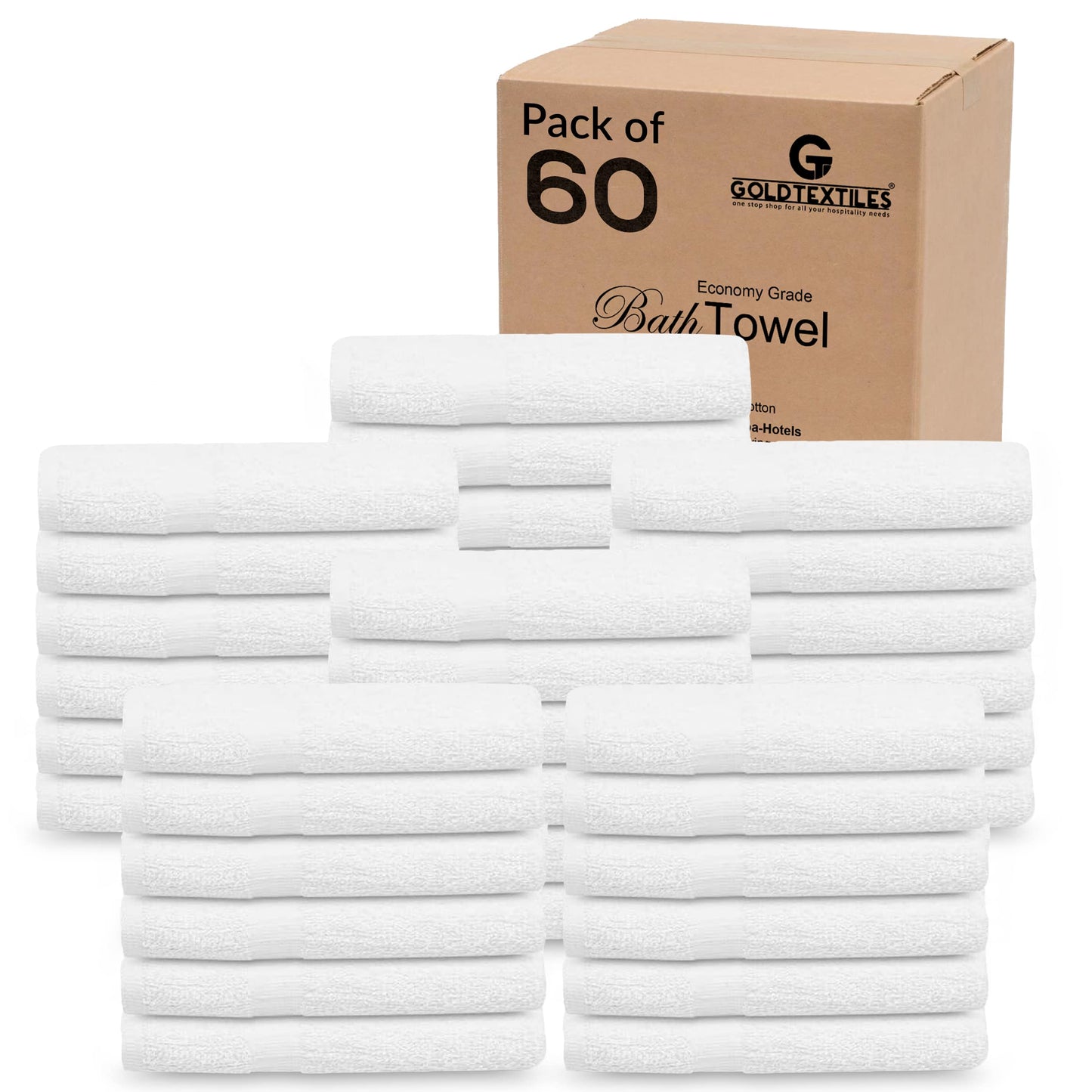 Gold Textiles 60 Pack White Hotel Bath Towels Bulk 20x40 Inches - Cotton Blend Economy Cheap Bath Towel for Commercial Uses, Gym, Salon, Spa & Hair - Lightweight Quick Dry (60 Pcs White)