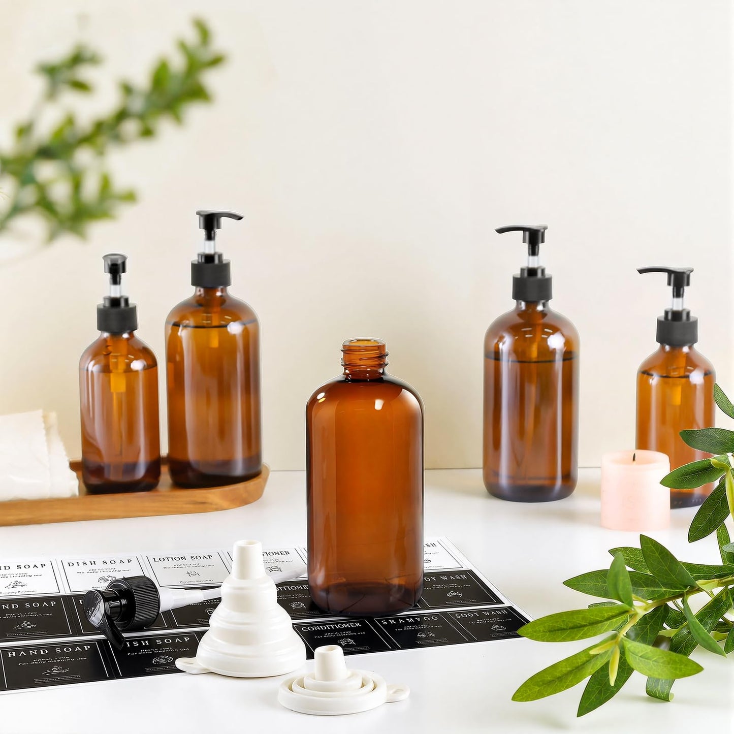TBWIND 12 Pack Amber Glass Bottles 16oz with Pump Dispensers, Refillable Empty Pump Bottles for Bathroom, Kitchen, Shampoo, Soap, Lotion – Includes 2 Funnels & 12 Labels