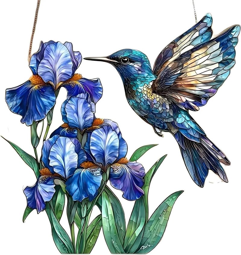 Acrylic Hummingbird and Irises Suncatcher - 7.08 Inch Stained Glass Style Window Decor | Indoor/Outdoor Garden Ornament