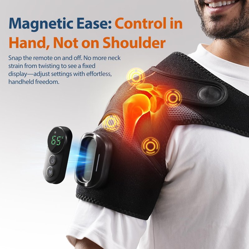 HOMRELEXA Magnetic Detachable Remote Control Shoulder Heating Pad - Cordless Heated Shoulder Massager Wrap with 5 Vibration Modes and 5 Heating Levels, Time Setting, Gift for Men & Women, Black