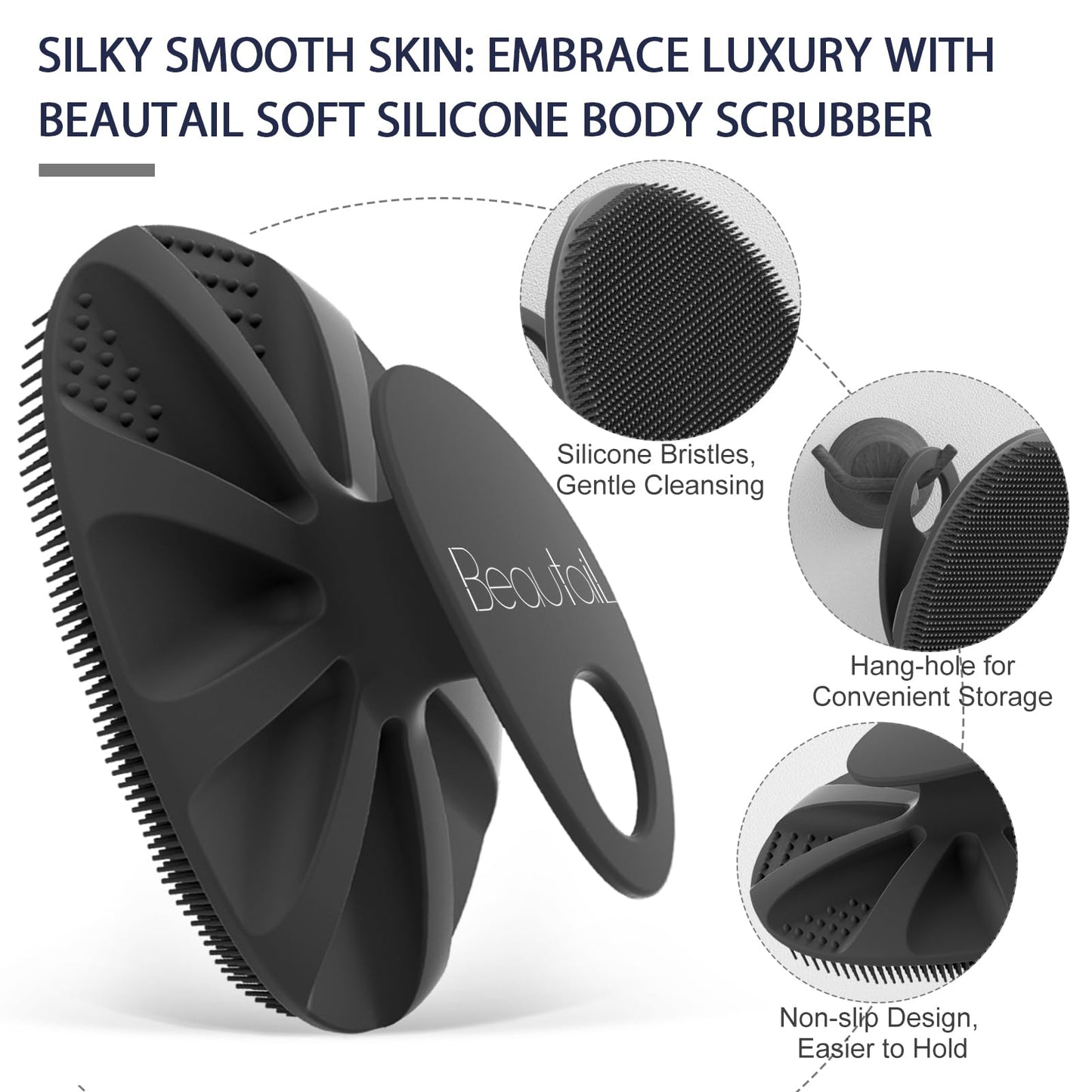 BEAUTAIL Silicone Body Scrubber Shower Bath Wash Brush Gentle Exfoliating Scrub Cleansing Loofah for Women Men Baby Sensitive Skin, Easy to Clean, Lather Nicely, More Hygienic, 1 Pack, Gray