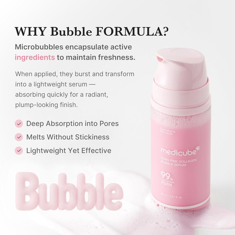 Medicube PDRN Pink Collagen Bubble Serum - Firming Serum with 99% Purity PDRN & Low-Molecular Collagen | Lightweight, Fast-Absorbing Formula for Radiant Skin | 3.21 fl. oz.