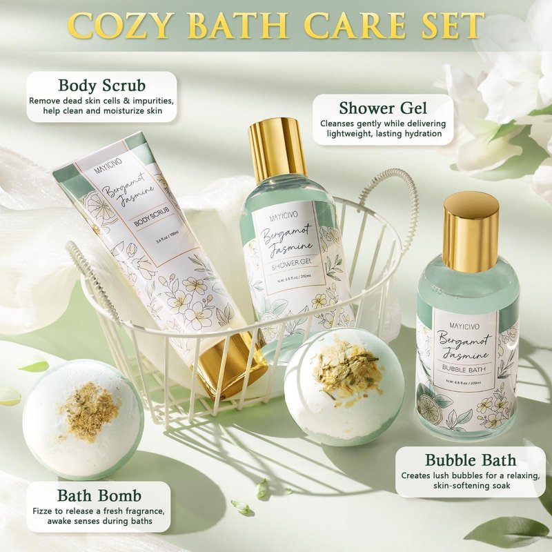 Mothers Day Birthday Gifts for Women, Bergamot Jasmine Relaxing Spa Gift Baskets for Women Self Care Package Bath Gift Set, Home Bath and Body Kit Pampering Gifts for Womens Her Mom Friend Sister Wife