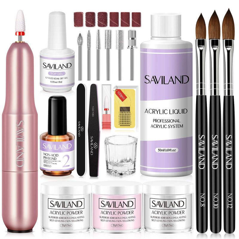 SAVILAND Acrylic Nail Kit with Drill: Nails Kit Acrylic Set for Beginners with Everything – White Pink Clear Nail Powder and Liquid Set, Primer, Top Gel, Forms, Brushes & Tools for Home Salon Use