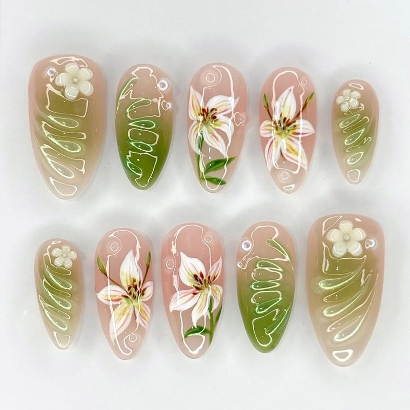 30Pcs Handmade Lily Press on Nails Green Gradient Almond Fake Nails with 3D Flower Accents Reusable Spring Summer Floral False Nails Kit for Women Manicure Nail Tips Decorations