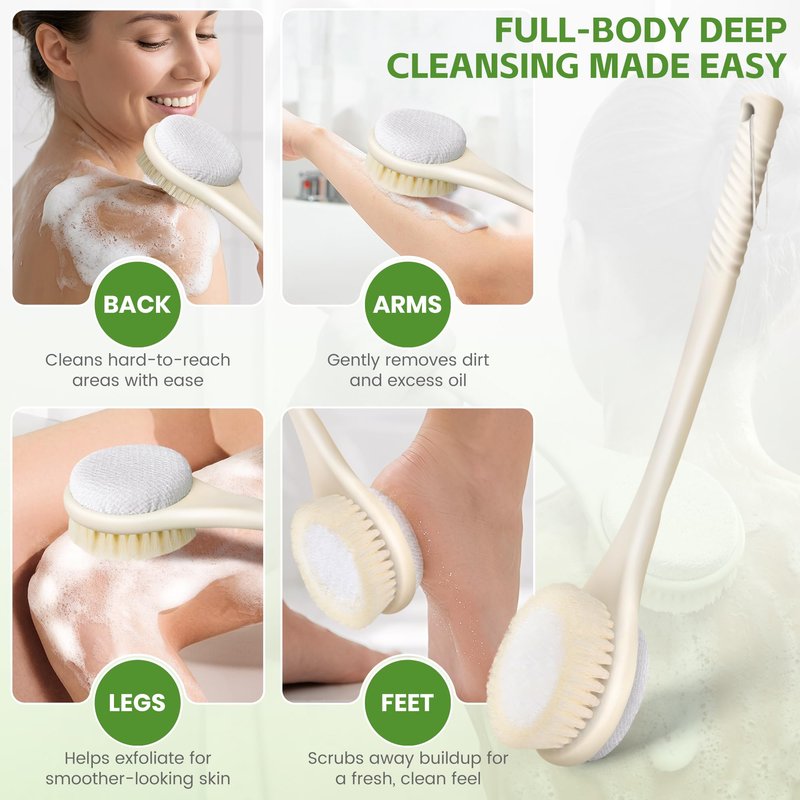 CYMPHW Back Scrubber for Shower with Long Handle, Dual-Sided Bath Brush with Soft Bristles & 150D Exfoliating Cloth, Anti-Slip Grip, Lightweight Back Washer for Shower, Men & Women (Light Yellow)