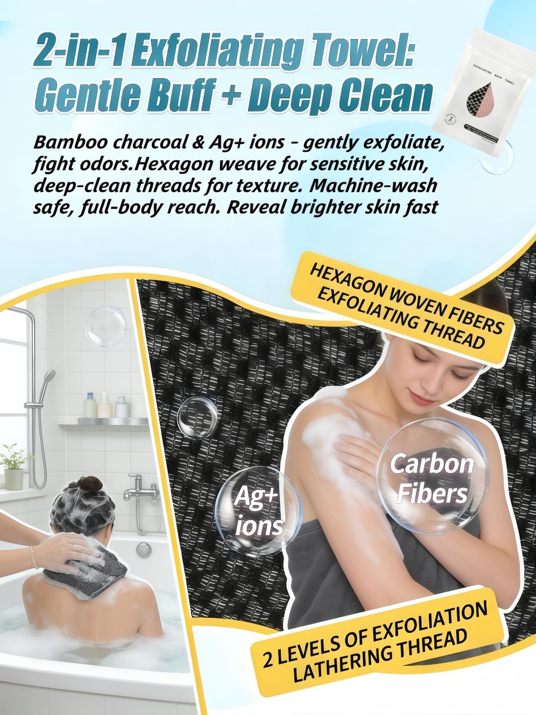 Exfoliating Shower Towel 40",Premium Scrub Wash Cloth for Body Face, Exfoliating Washcloth for Men and Woman(Black+Pink)