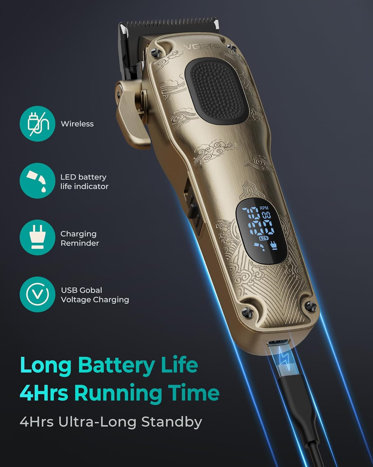VGRPRO Hair Clippers for Men Professional, Cordless & Corded Barber Clippers for Hair Cutting with Package Case, Electric Grooming Kit for Home & Barber Use, LED Battery Display (Golden)