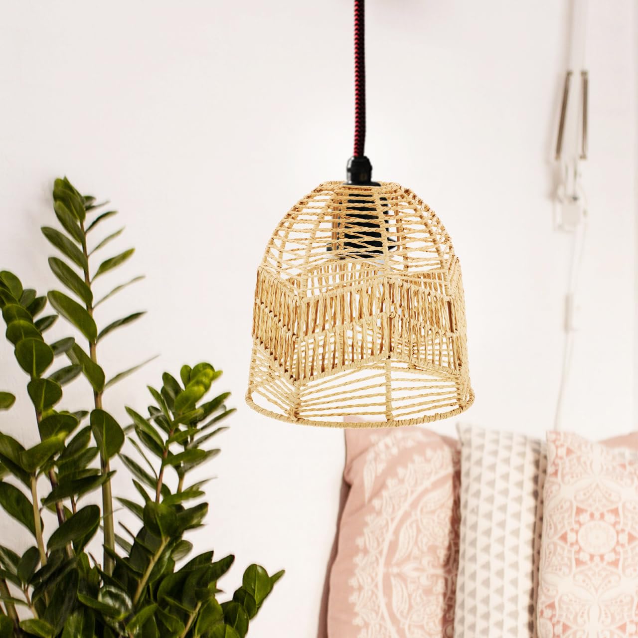 Rattan Lamp Shade, Boho Wicker Woven Pendant Light Lamp Shades Replacement for Chandelier, Floor Table Hanging Light