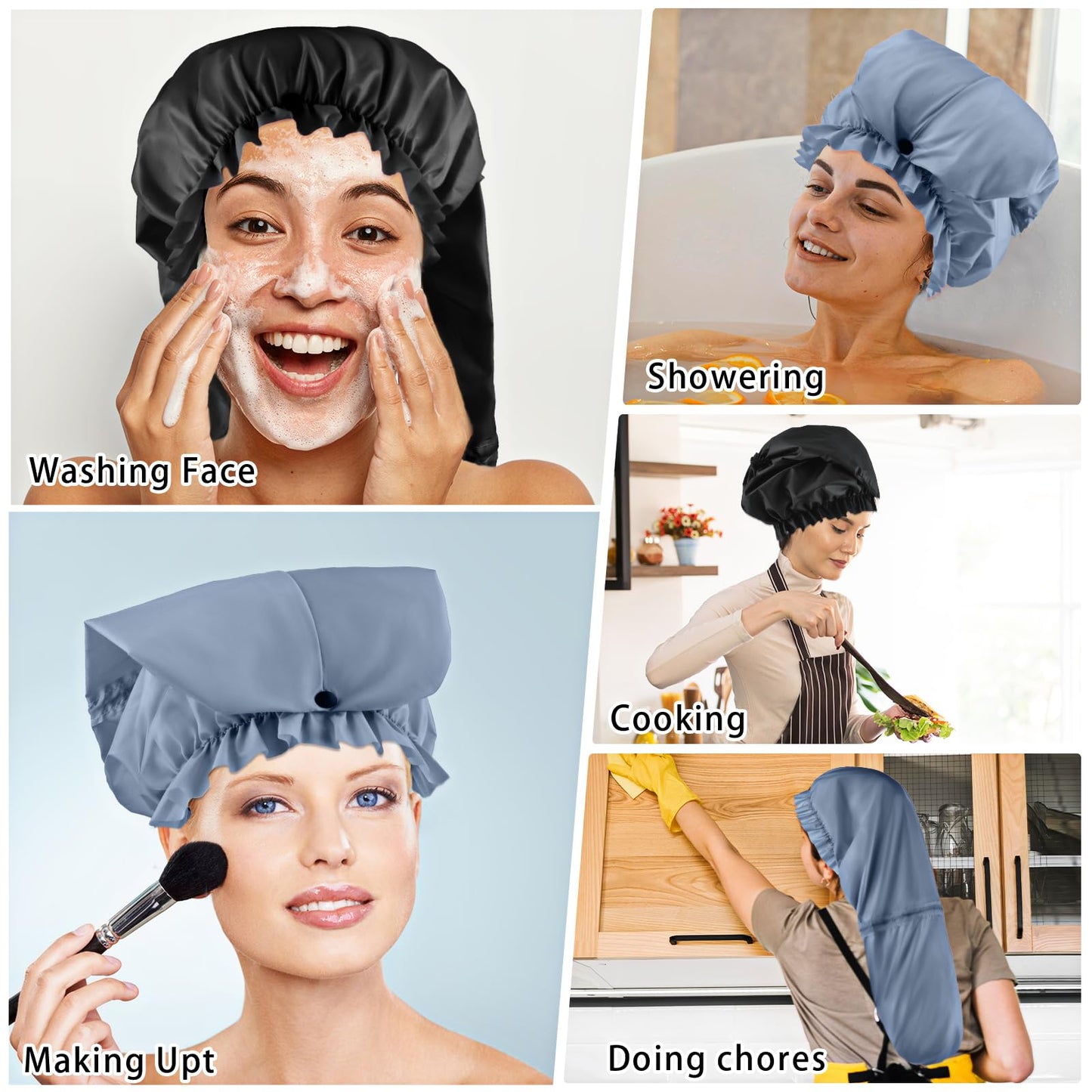2 Pcs Large Shower Cap for Braids, Extra Long Shower Cap for Women Long Hair & Locs, Waterproof Hair Bonnets for Dreadlocks Drawstring Bath Caps for Women & Men (Black, Grey)