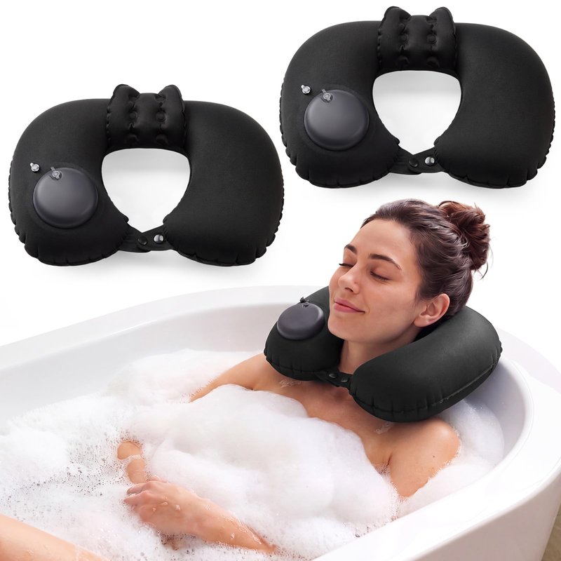 Colingmill 2 Pcs Inflatable Bath Pillows for Tub, U-Shaped Neck & Head Support Cushion, Portable Blow Up Travel Neck Pillow with Adjustable Button for Airplanes & Home Spa (Black)