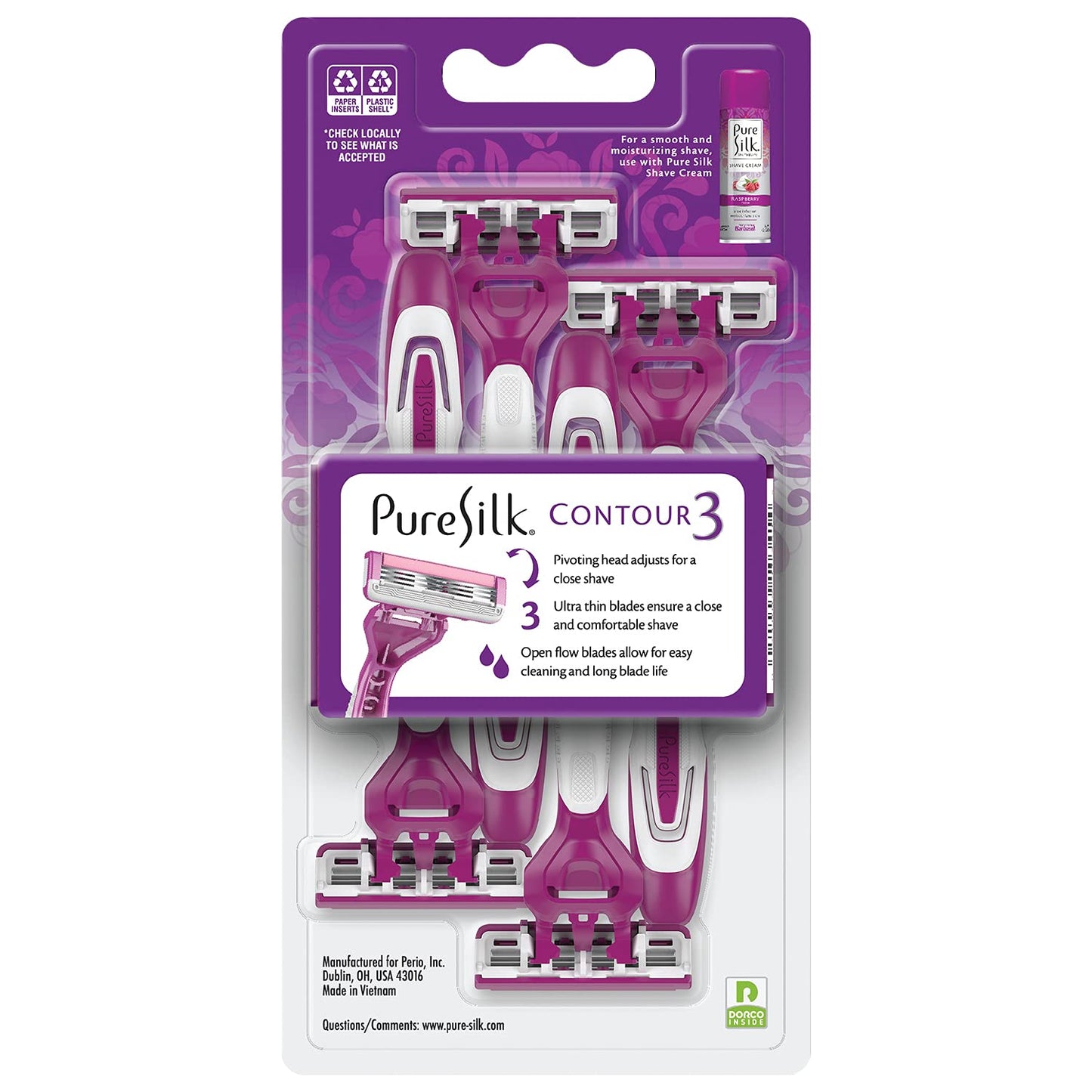 Pure Silk Contour 3 Disposable Razors for Women | 3-Blade Premium Razor Value Pack | Pivoting Head, Dual Moisture Bars Infused with Aloe, Vitamin E, Argan Oil | 3 Packs (9 Total Razors)