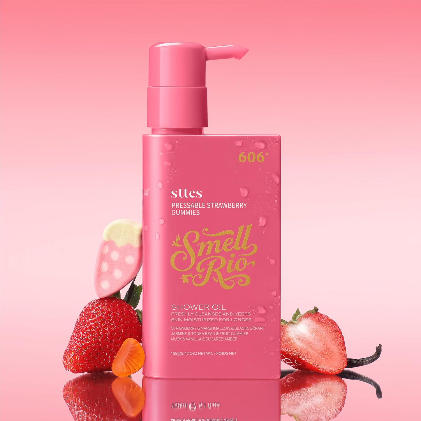 Sttes Smell Rio Shower Oil 606# (Pressable Strawberry Gummies) – Moisturizing Body Wash with Strawberry Candy & Vanilla Marshmallow Scent, Natural Plant Oils, No Mineral Oil, Parabens or Phthalates