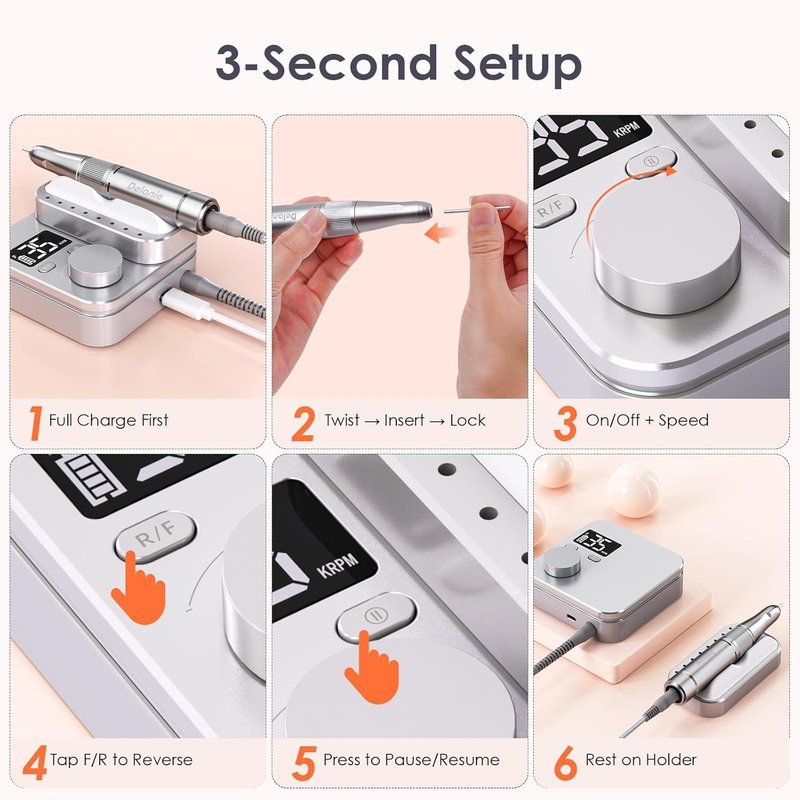 Delanie Electric Nail Drill Machine - 35000 RPM E-File for Professional Manicure & Pedicure | Rechargeable with 7 Bits & 36 Sanding Bands