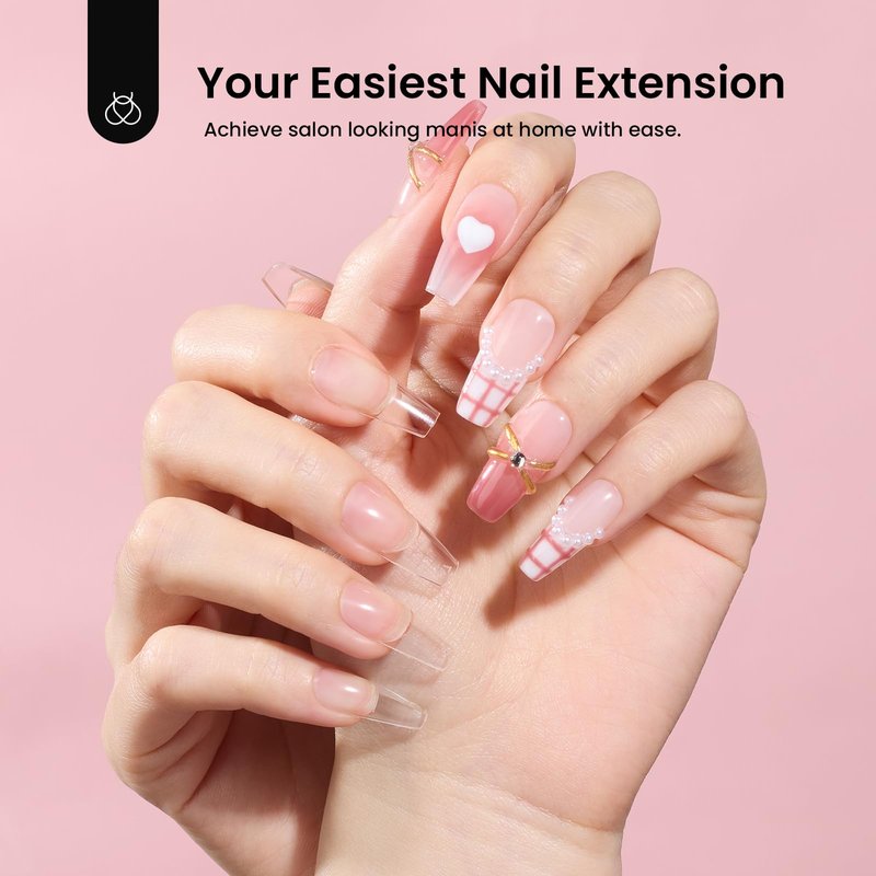 Beetles Gel Nail Kit Medium Coffin with Nail Dehydrator and Primer, 576Pcs Half Matte Etch-X Gel Tips Solid Glue Mini Lamp Acrylic False Tips Easy DIY Extension Set Gift for Women