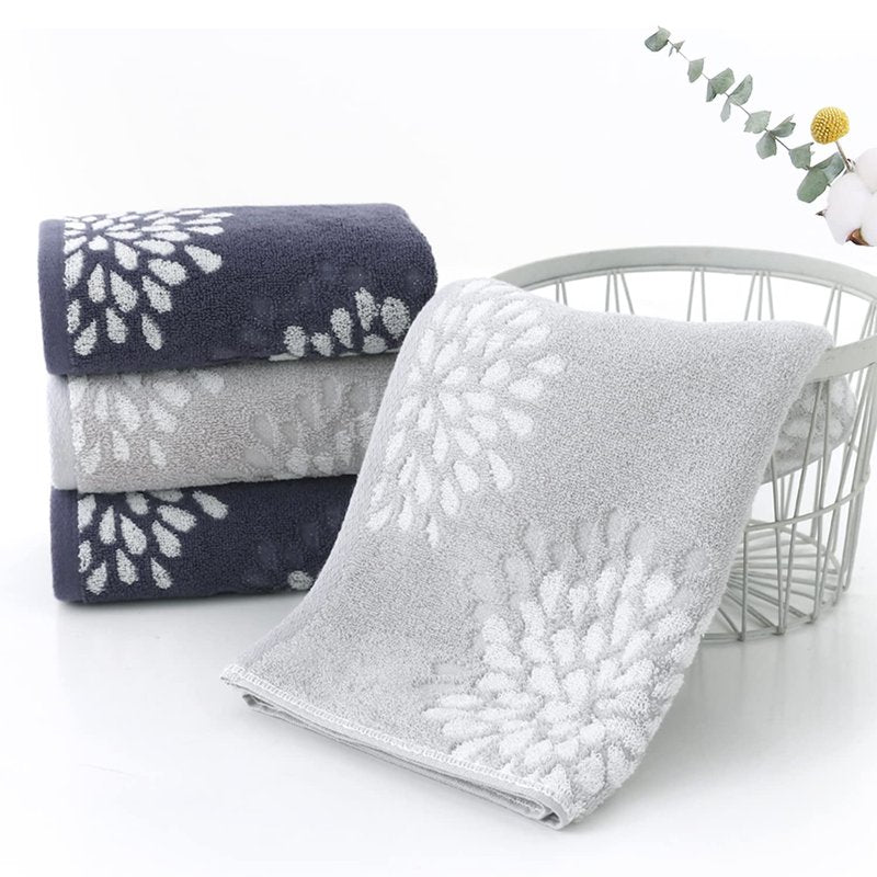 Pidada Hand Towels Set of 4 Hydrangea Floral Pattern 100% Cotton Absorbent Soft Decorative Towel for Bathroom (Light Grey & Denim Blue)
