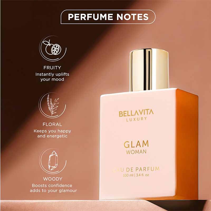 Bellavita Luxury Glam Eau de Parfum | 100 ml (3.4 fl.oz.) | Perfume for Women | White Floral, African Orange, Jasmine, and Patchouli Notes | Long Lasting Fragrance | Mother's Day present