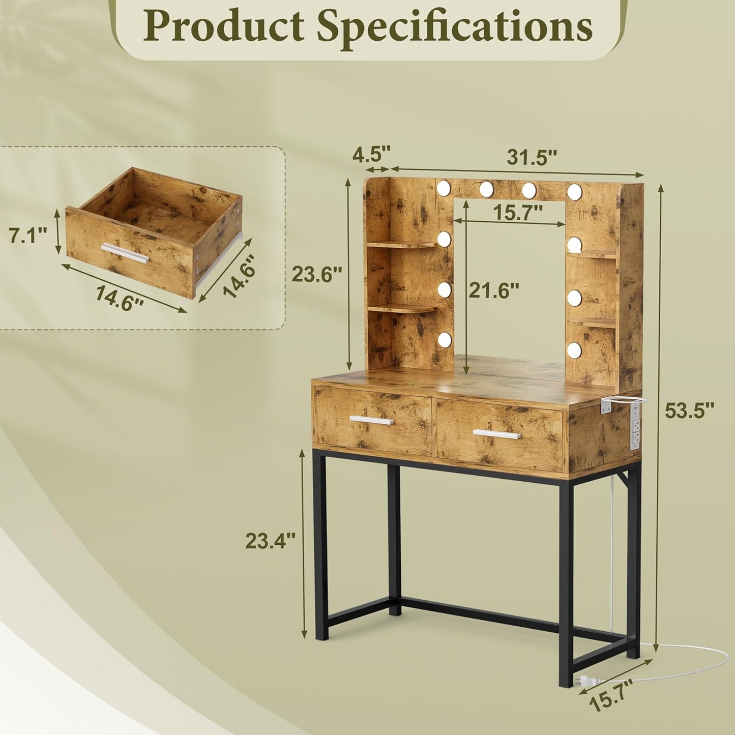 YESHOMY Vanity Desk with Mirror - Makeup Table with 2 Large Drawers & Power Outlet | Rustic Brown & Black