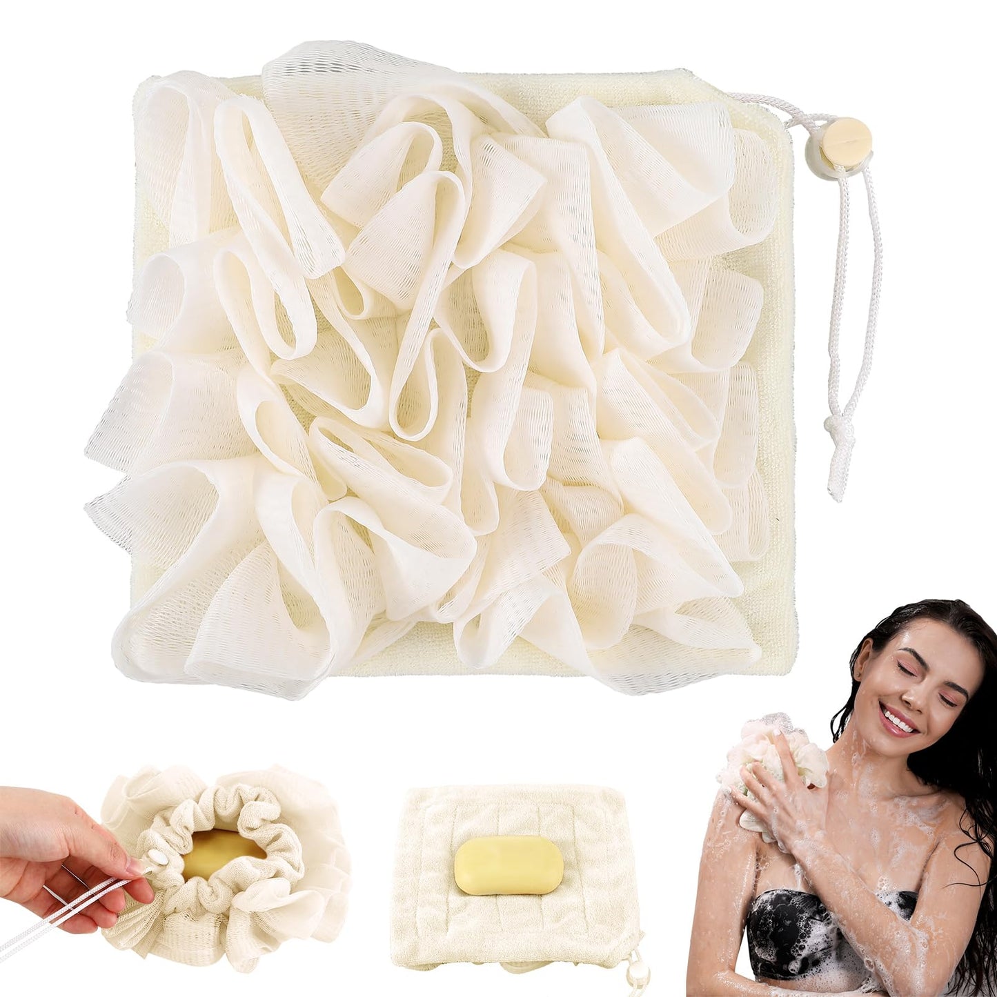 Swiffen 1 Pcs Washcloth Loofah Combo, 2 in 1 Bath Loofah Sponge with Drawstring, Exfoliation Mesh Shower Puff Ball for Body Wash Cleansing and Smooth Skin (Beige)